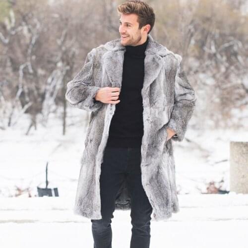 Winter Fur Coat Men Natural Rabbit Fur Jacket Knee-Length Warm Snug Fit Overcoat 2021 New Arrival