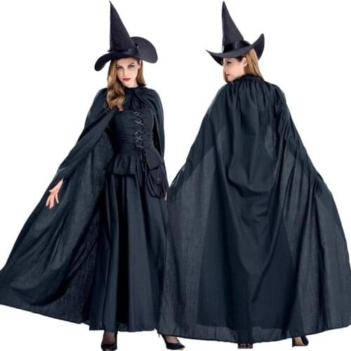 Sexy Black Long Dress With Hat Cosplay Witch Halloween Costumes For Women Adult Anime Masquerade Party Carnaval Stage Costume