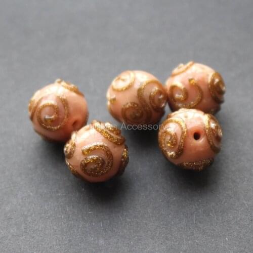 10pcs/Lot 12mm Handmade Lampwork Glass With Gold Screw Round Beige Color Traditional for jewelry Making
