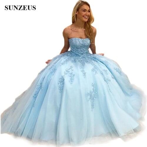 Light Sky Blue Quinceanera Dresses Strapless Appliques Princess Puffy Ball Gowns Prom Dresses for Girls Vestido De Quinceanera