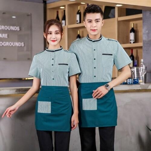 Hotel Waiter Uniform Short Sleeve Restaurant Waitress Uniform+ Apron Set Women Cafe Shop Work Clothing Men Tea Chef Uniform 90