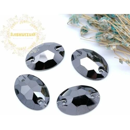 High-quality Metal silver black 001MS oval Crystal Glass Sew-on Rhinestones with two holes DIY wedding Dresses and Clothes