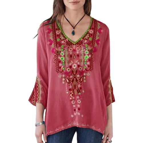 2021 Autumn Polyester Cotton Women Boho Style Casual V Neck Long Sleeve Floral Embroidery Blouse Top Loose Shirt
