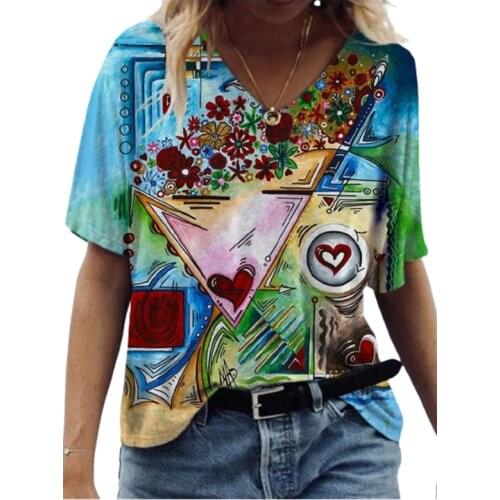 3D Abstract Painting Printed Women T Shirt Summer Short Sleeve Loose V-Neck Casual Tops Plus Size Ladies Tee Top 2021 Streetwear