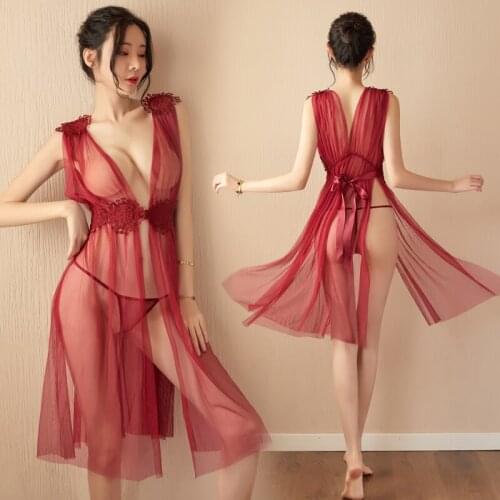 2021 New High-end Sexy Lingerie Glamorous and Sexy Temptation Mesh Nightdress Companion Sexy Lace Transparent Long Nightdress