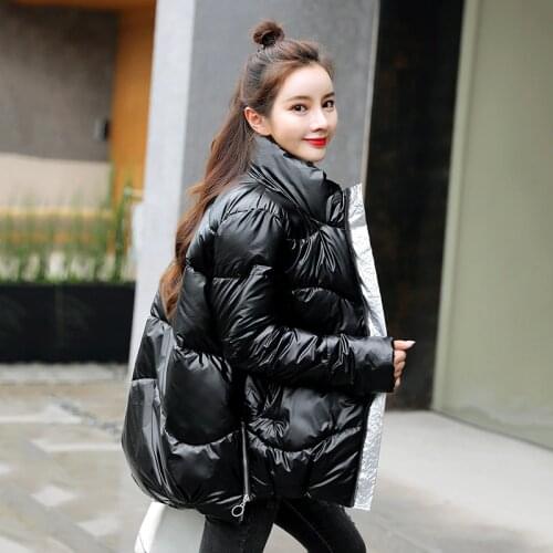 Womens Winter Coat Shiny Thick Puffer Jacket Women Nice Plus Size Loose Cotton Padded Glossy Stand Collar Casual Female Parkas