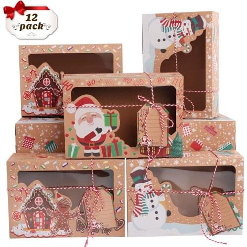 12 Pack Christmas Cookie Boxes with Window Large Holiday Food Bakery Treat Boxes Kraft Gift Boxes with Ribbons and DIY Gift Tags