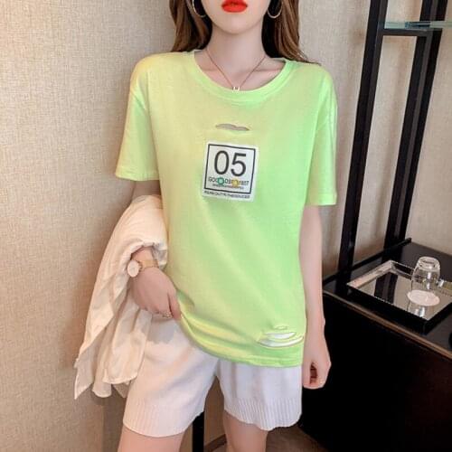 #6153 Orange Green White Short Sleeve T Shirt For Women Holes Sexy Cotton Casual Streetear Tshirt Female O Neck T Shirt For Girl