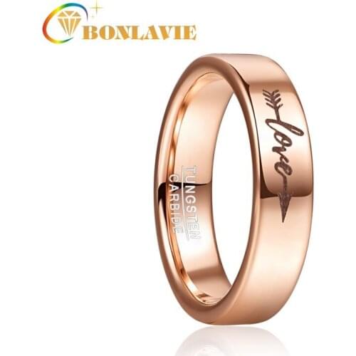 BONLAVIE 6mm Promise Wedding Rings for Couple Rose Gold Color Laser Love Arrow Tungsten Carbide Ring Engagement