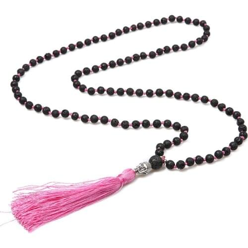 6mm Black Lava Stone Beaded Knotted Necklace Meditation Yoga Blessing Jewelry 108 Mala Buddha Head Tassel Rosary