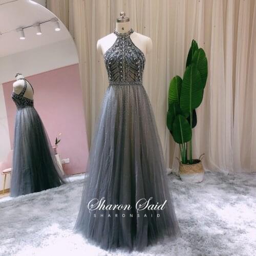 Elegant Gray Beaded High Neck Dubai Evening Dresses 2021 Sexy Backless Long Prom Dress for Women Wedding Party Night Gowns Stock