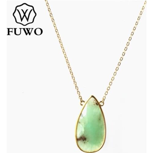 FUWO Carved Water Drop Shape Labradorite Fluorite Amazonite Chrysoprase Pink Quartz Necklace With Gold Chain Trimmed NC256
