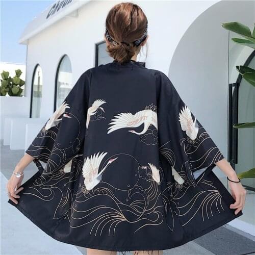 Bebovizi Japannese Crane Kimono Black Cardigan Tops Traditional Cosplay Beach Yukata Female Obi Haori Women Japan Asian Clothing