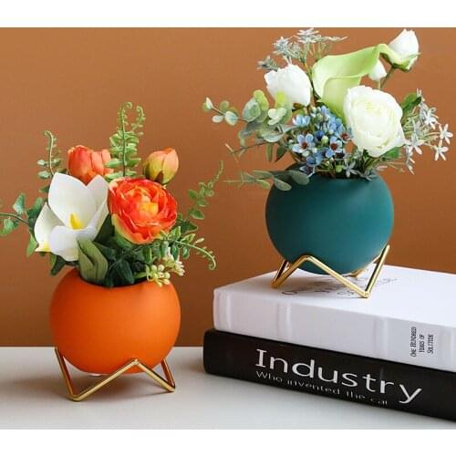 Creative Nordic Ceramic Round Flower Pots Decoration Planter With Metal Base Living Room Office Decor Dried Flower Arrangement