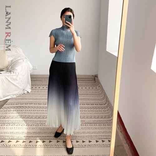 LANMREM Women Skirt 2021 Summer Elastic High Waist Pleated Skirts Female Stitching Color Long Skirt Streetwear 2D1599
