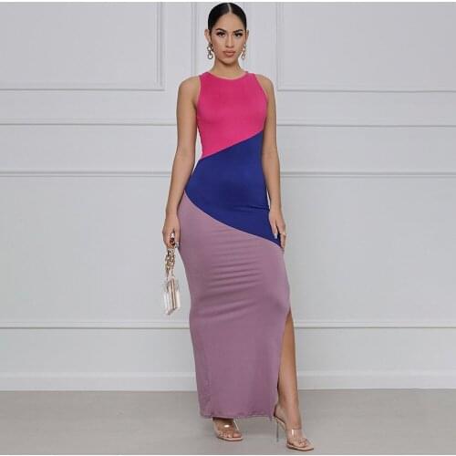 Panelled Colors Summer Long Party Dresses for Women Round Neck Sleeveless Floor Length Dress Fashion Side Split Skinny Sundress