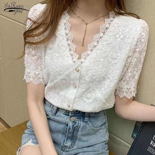 Short-sleeved Lace Hollow Out Top 2021 Summer V-neck Lace Women Shirts Single Breasted Clothing Women Tops and Blouse 13985