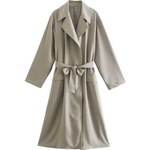 ZXQJ Women 2021 Fashion With Belt Pure Color Long Windbreaker Retro Long Sleeve Pocket Decoration Female Outerwear Chic Tops