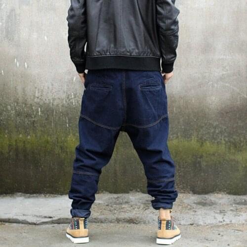 Hip Hop Korea Mens Full Length Cross Denim Harem Pants Loose Fit Plus Size S-4XL Fashion Street dance pants Hanging carrot Pants