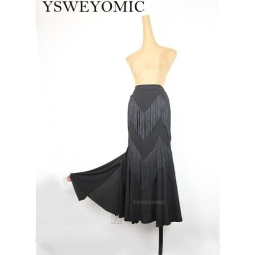 2020 New Flamenco Dance Costume Skirt Soft Ladies Ballroom Dance dresses Black Tassels Long dance Skirt Ballroom for Women M13