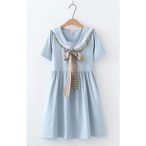 Japanese Kawaii Preppy Black Dress Teen Girls Summer Fashion Sailor Collar Short Sleeve Bow Tie Lolita Casual White School Dress