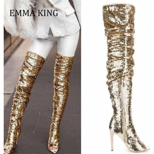 Spring Autumn Women Bling Sequins Boots Peep Toe Over The Knee Thigh High Boots Side Zip Stiletto High Heels Boots for Women