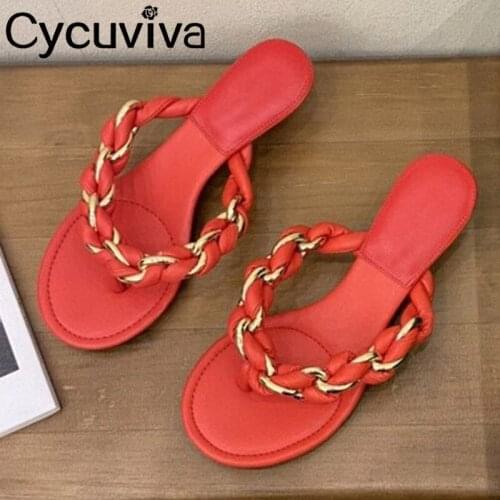 Sexy Flip Flops Chain braided High Heel Mules Slippers Women Slip On Ladies Designer Slides Summer Heels Leather Shoes For Women