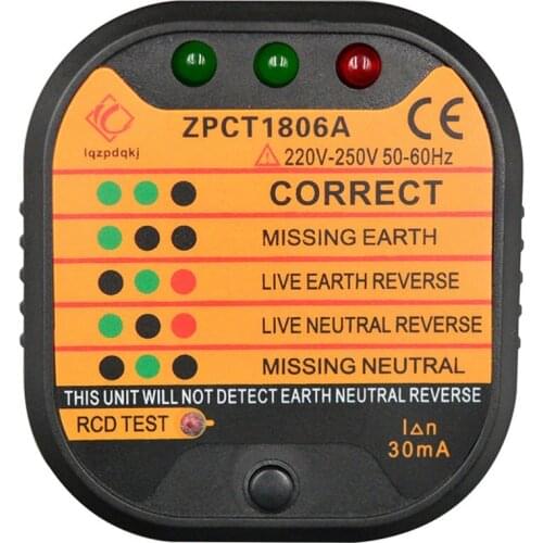 ZPCT1806A Outlet Socket Tester Detector Circuit Polarity Voltage Plug Breaker UK Ground Zero Line Switch Safety Electroscope