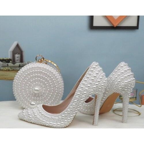 BaoYaFang White Beads Pearl women wedding shoes Bride High heels shoes ladies super big size party dress shoes woman Pointed Toe