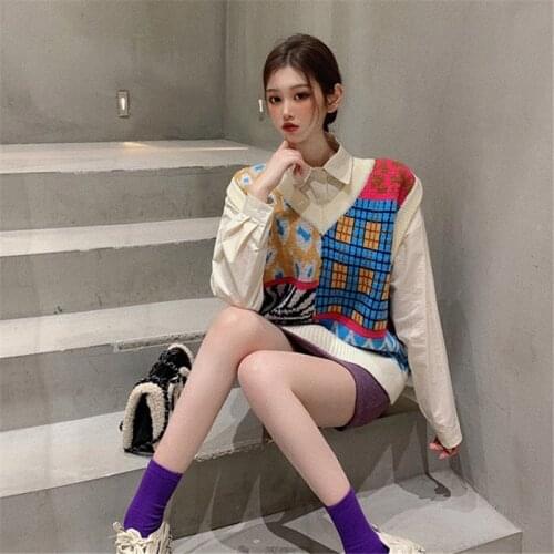 Vintage V-neck Sleeveless Patchwork Chic Basic Knitted Vest Leopard Zebra Striped Hit Color Vest 2020 Winter Fashion Jumpers