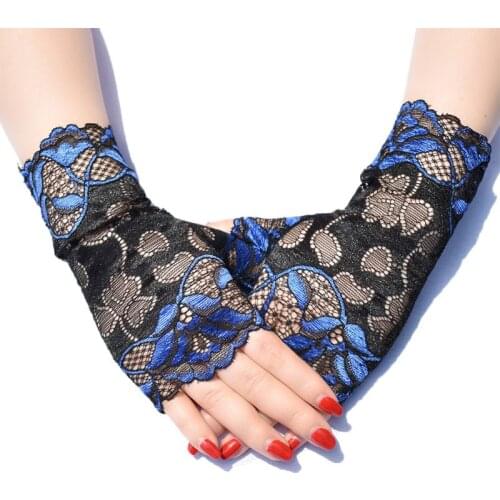 Women Summer Thin Sunscreen Fingerless Gloves Hollow Jacquard Floral Lace Contrast Color Dance Party Driving Mittens