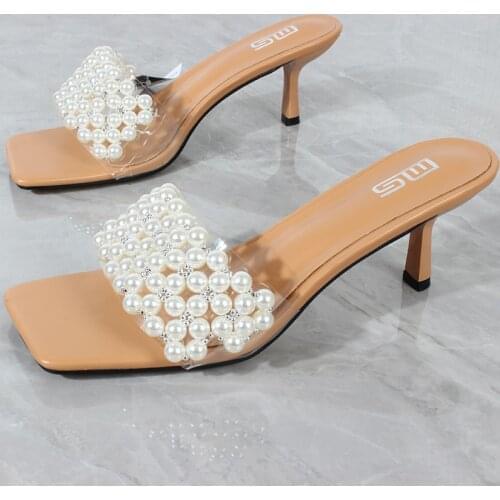 Womens high-heeled slippers 2021 summer new one-line PVC handmade beaded outside fashion bohemian sandals female stiletto 7CM