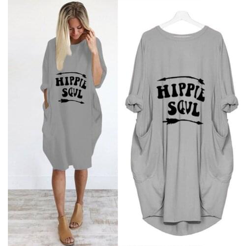 2020 Fashion T-Shirt for Women Pocket Hippie Soul Letters Print Tshirt Tops Graphic Tees Women Off The Shoulder