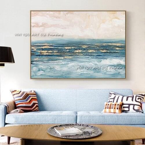 Abstract Hand Painted High Quality Sea Canvas Handmade Oil Painting blue gold Wall Art Large Modern Home Decoration Drawing