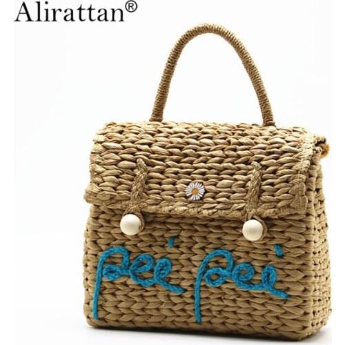 Alirattan New Straw Bag For Women 2021 Summer Fashion Design Large Capacity Letter Pearl Bag Female Vacation Travel Beach Bag