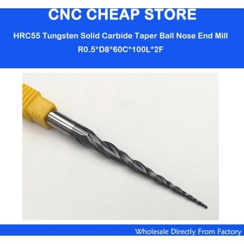 Free shipping-1PC R0.5*D8*60*100L*2F HRC55 CNC Tungsten solid carbide Coated Tapered Ball Nose End Mills taper and cone endmills