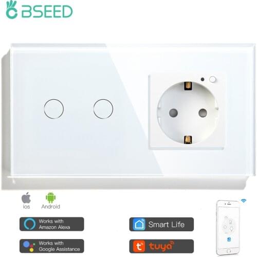 BSEED 2 Gang Smart Touch Light Switch With EU Wall Socket White Black Gold Wall Sensor Switch Crystal Glass Panel Work With Tuya