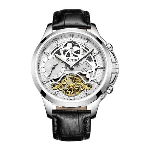 Mens Watches Automatic Skeleton Watches for Men MoonPhase Dual Time 5ATM Waterproof Leather Strap Mechanical Watches
