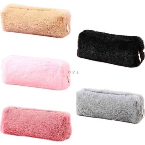 Solid Color Plush Pencil Case School Pencil Cases Bag Stationery For Girls School Supplies Tools