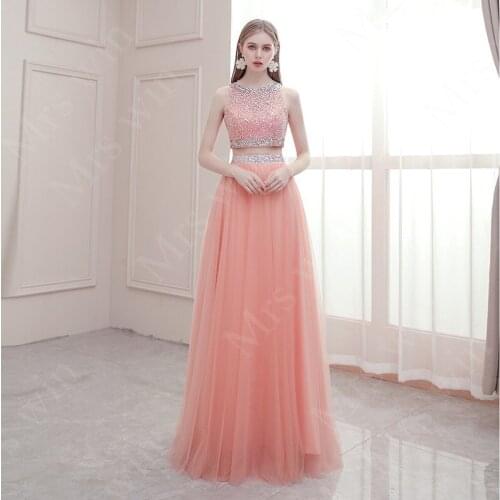 Formal Evening Dress 2021 Luxury Crystals Two Pieces Party Prom Dress Classic A-line Crop Top Formal Evening Dresses