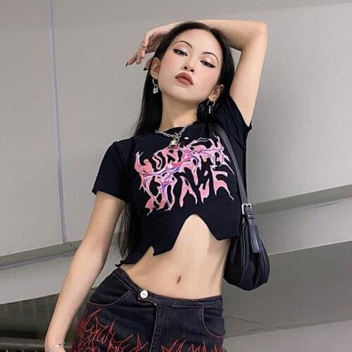 Black Irregular Short Sleeves T-shirt for Women 2021 Summer New Y2K Fashion Crop Top Streetwear Printed Punk Style for Cool Girl