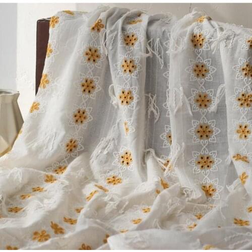 Spring/summer cotton cloth small yellow flowers perforated embroidery fabric tassel hook embroidery retro Japanese/Korean style