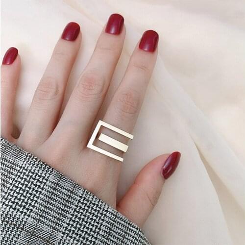 HUANZHI 2020 New Gold ins Fashion Geometric Square Irregular Hollow Line S925 Adjustable Open Rings for Women Girl Party Jewelry