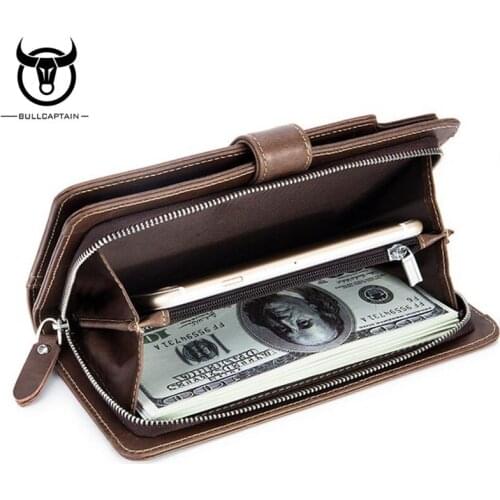 BULLCAPTAIN Genuine Leather Men Fashion Long Wallet Famous Brand Clutch Bag Cash Pocket ID Credit Card Holder Coin Purse