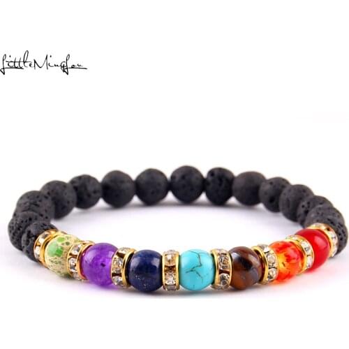 Little Minglou 7 Chakra Bracelet Men Black Lava Indian Healing Balance Beads Reiki Buddha Prayer Natural Stone Yoga Bracelet