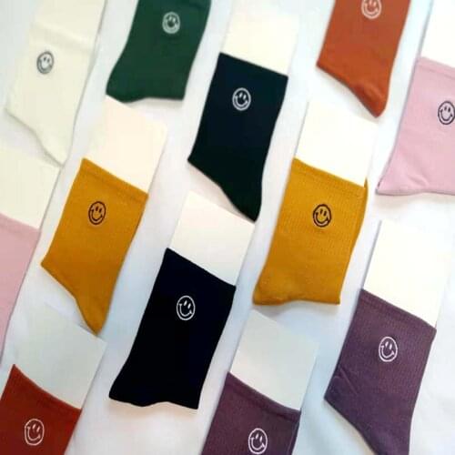 Cartoon Embroidery Kawaii Woman Socks Korean Fashion Cute Happy Streetwear Cotton Women Socks Funny Smiley Face