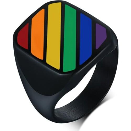 Stainless Steel Gay Rainbow Color Black Men Finger Ring Jewelry Comrade Gift For Him Size 7-12