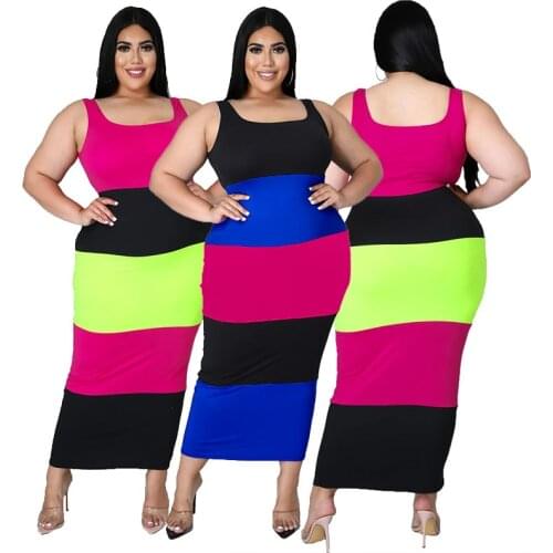 Dresses Woman Summer 2021 Wholesale Sleeveless High Waist Striped Patchwork Bodycon Dress Plus Size Long Dress Dropshipping