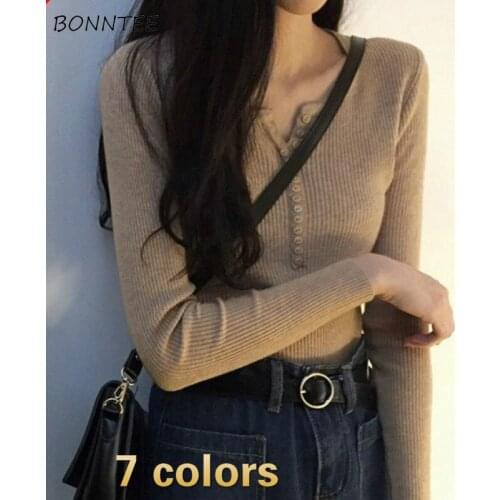 Pullovers Women Buttons Long Sleeve Solid Knitting Basic Casual Tops Clothing Sweater Slim Bodycon Autumn Soft Daily Womens Chic
