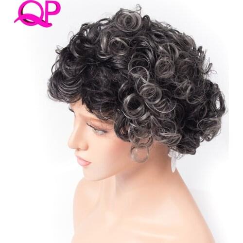 Qp Hair Bouncy Curly High Temperature Fiber hair African American short wigs for Women black sliver grey synthetic wig
